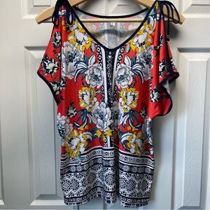Perseption Concept Women’s Cold Shoulder Blouse V-neckline Floral Colors Size L